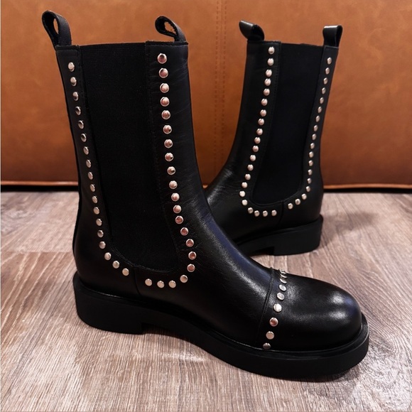SAINT + SOFIA Black Leather Silver Studded Chelsea Boots Size 38 (US 7) LIKE NEW - Picture 6 of 14